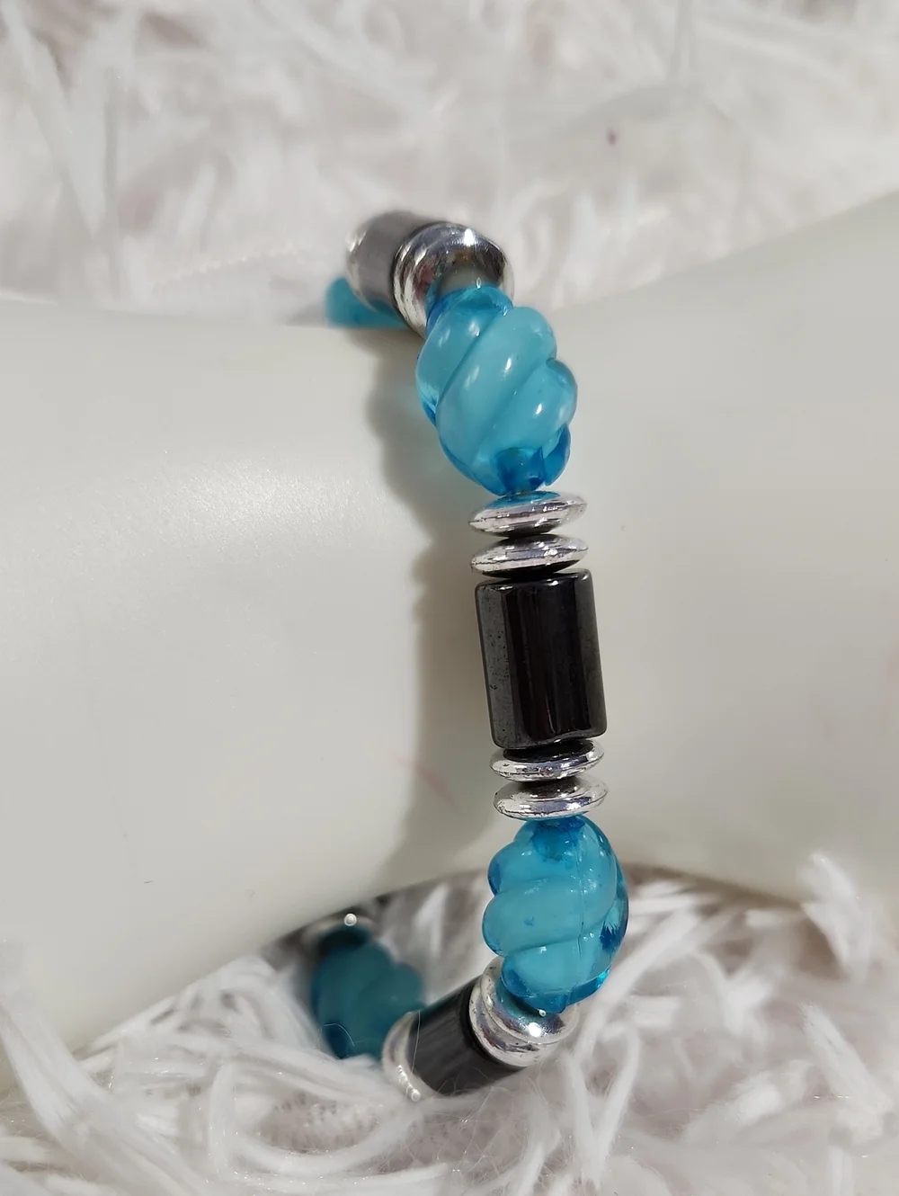 Blue Glass and Hematite Stretch Bracelet
